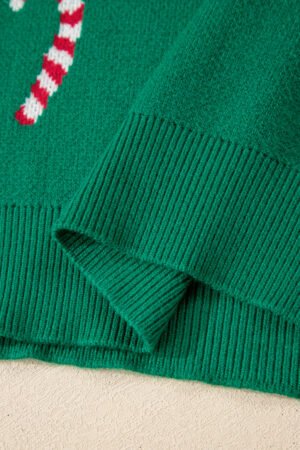 Dark Green Christmas Candy Cane Holiday Drop Shoulder Sweater - Image 15