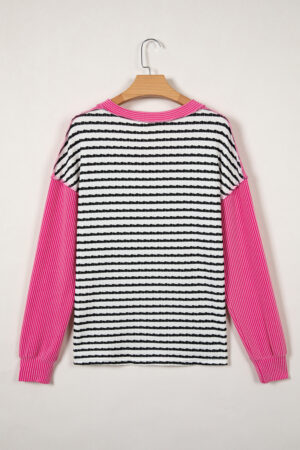 Black Stripe Textured Knit Twisted Rib Contrast Patchwork V Neck Long Sleeve Top - Image 4