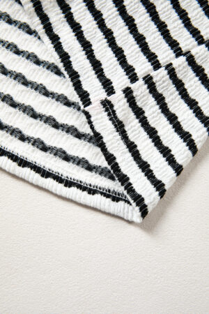 Black Stripe Textured Knit Twisted Rib Contrast Patchwork V Neck Long Sleeve Top - Image 9