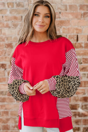Racing Red Striped Patchwork Sleeve Colorblock Sweatshirt