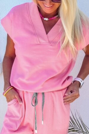 Alternative view of Bonbon Solid Color V Neck Tee Drawstring Pant Set