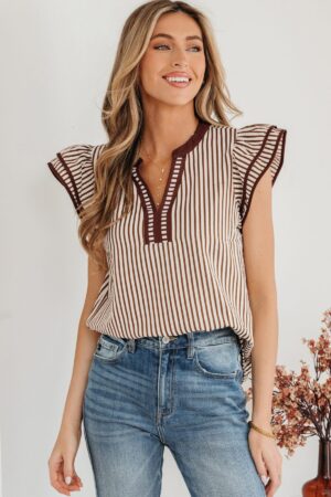 Khaki Stripe Double Ruffled Short Sleeve V Neck Blouse - Image 14