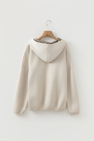 Jet Stream Leopard Contrast Drawstring Hood Drop Shoulder Loose Top - Image 5