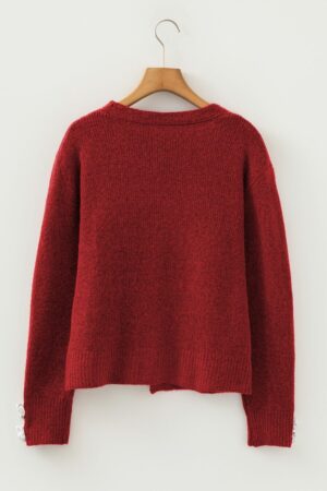 Fiery Red Heart Metal Button V Neck Cardigan Sweater - Image 14