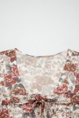Red Floral Print Stitched Detail Tie V Neck Long Bell Sleeve Blouse - Image 10