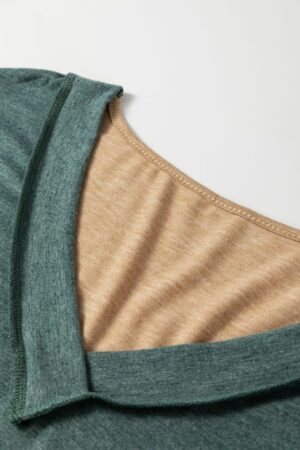 Four Leaf Clover Exposed Stitching Colorblock V Neck Long Sleeve Top - Image 10