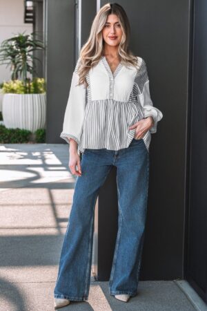 Gray Stripe Half Button Gauze Patchwork Bracelet Sleeve Babydoll Blouse - Image 19