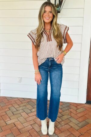 Khaki Stripe Double Ruffled Short Sleeve V Neck Blouse - Image 5