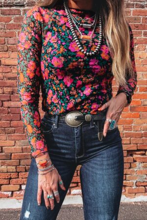Rose Slim Fit Floral Mesh Long Sleeve Mock Neck Top - Image 5
