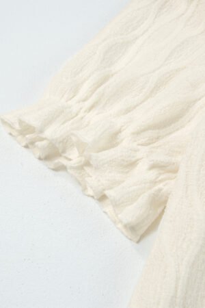 White Solid Color Textured Notched Neck Puff Sleeve Blouse - Image 8