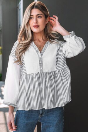 Gray Stripe Half Button Gauze Patchwork Bracelet Sleeve Babydoll Blouse - Image 18