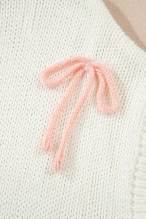 White Short Sleeve Knit Contrast Bow Knot Loose Sweater - Image 7