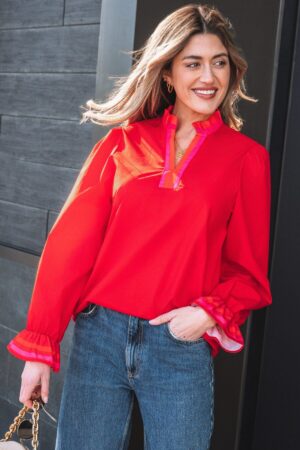 Fiery Red Striped Trim Ruffle Split Neck Long Sleeve Blouse - Image 13