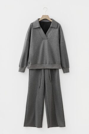 Medium Grey Collared V Neck Pullover Sweatshirt Sweatpants Set - Image 9