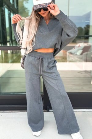 Medium Grey Collared V Neck Pullover Sweatshirt Sweatpants Set - Image 8