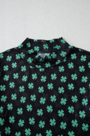 Green St Patrick Shamrock Printed Long Sleeve Mesh Bodysuit - Image 7