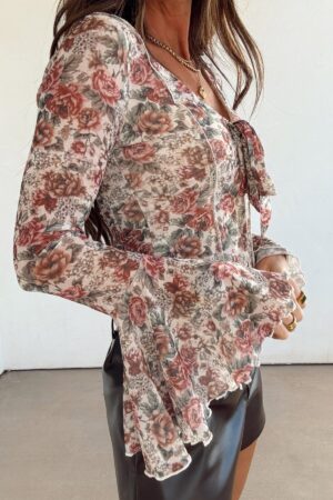 Alternative view of Red Floral Print Stitched Detail Tie V Neck Long Bell Sleeve Blouse