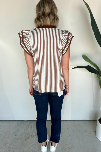 Alternative view of Khaki Stripe Double Ruffled Short Sleeve V Neck Blouse