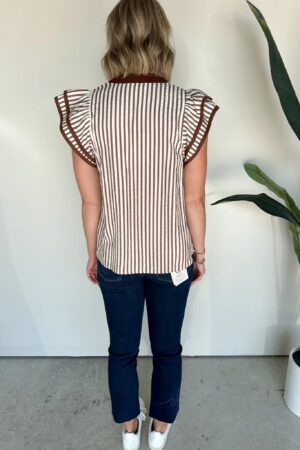 Khaki Stripe Double Ruffled Short Sleeve V Neck Blouse - Image 2