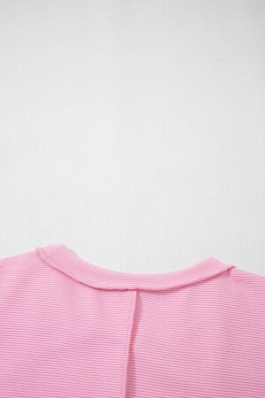 Pink Horizontal Ribbed Exposed Seam Detail Drop Shoulder Baggy Pullover - Image 8