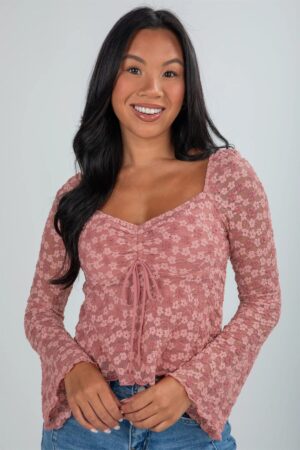 Peach Blossom Drawstring Knot Detail Floral Lace Blouse - Image 4