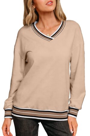Parchment Varsity Contrast Striped Trim V Neck Sweatshirt - Image 14
