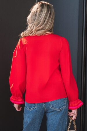 Fiery Red Striped Trim Ruffle Split Neck Long Sleeve Blouse - Image 10