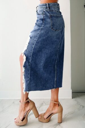 Sail Blue Dearlove Irregular Distressed Bottom Denim Midi Skirt - Image 3