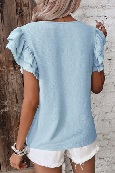 Alternative view of Mist Blue Solid Color Ruffled Short Sleeve Casual Blouse