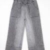 Gray Drawstring Seam Detail Raw Hem Wide Leg Denim Pants
