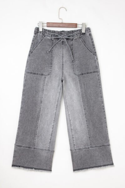 Gray Drawstring Seam Detail Raw Hem Wide Leg Denim Pants