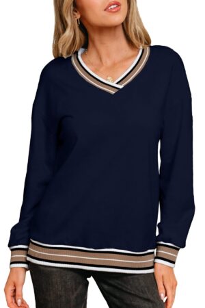 Navy Blue Varsity Contrast Striped Trim V Neck Sweatshirt - Image 14