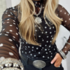 Black Polka Dot Patterned Bodycon Mock Neck Mesh Long Sleeve Top