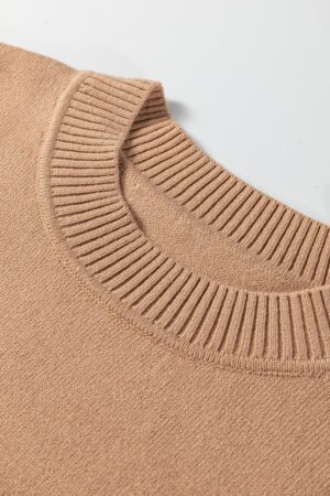 Light French Beige Solid Color Knit Short Puff Sleeve Sweater - Image 6