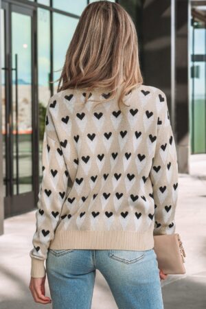Parchment Geometric Heart Print Ribbed Trim Loose Sweater - Image 12