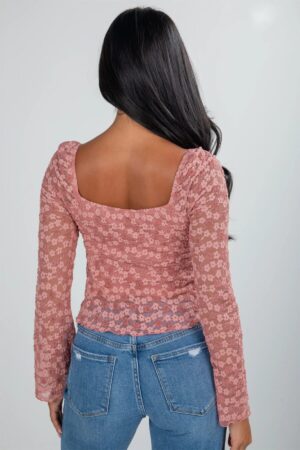 Peach Blossom Drawstring Knot Detail Floral Lace Blouse - Image 3