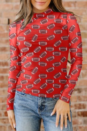 Red Game Day Rugby Mesh Sheer Long Sleeve Top - Image 14