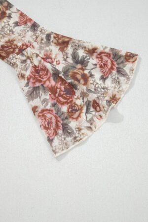 Red Floral Print Stitched Detail Tie V Neck Long Bell Sleeve Blouse - Image 13
