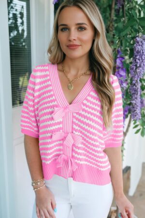 Pink Stripe Short Sleeve Knit V Neck Bow Knot Sweater - Image 3