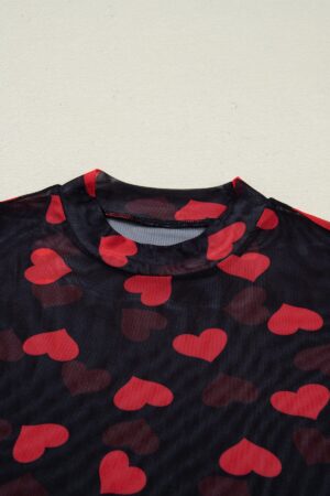 Black Valentines Heart Printed Sheer Mesh Long Sleeve Top - Image 7