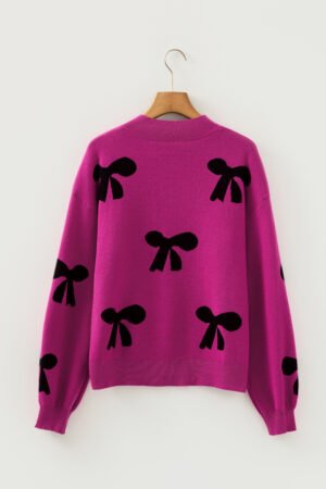 Bright Pink Pearl Embellished Bow Pattern Loose Sweater - Image 6