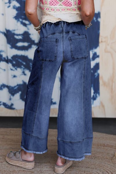 Alternative view of Prussian Blue Drawstring Seam Detail Raw Hem Wide Leg Denim Pants