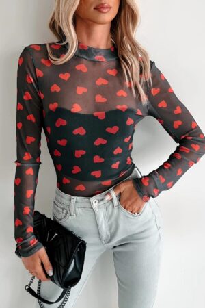 Black Valentines Heart Printed Sheer Mesh Long Sleeve Top - Image 5