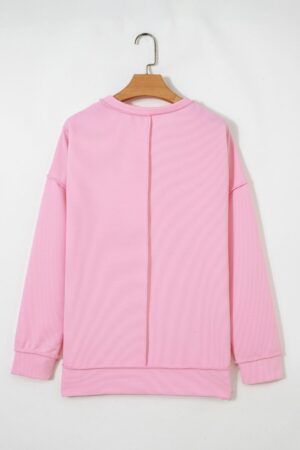 Pink Horizontal Ribbed Exposed Seam Detail Drop Shoulder Baggy Pullover - Image 6