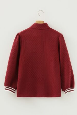 Racing Red Rhombus Textured Striped Patchwork Zip Neck Pullover Sweatshirt - Image 5
