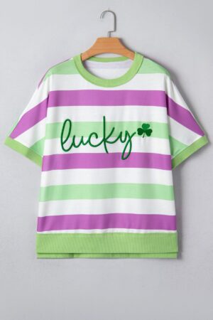 Green Stripe Lucky Clover Embroidered Graphic Dolman Loose Tee - Image 2