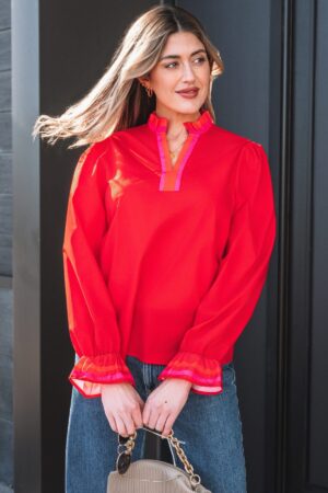 Fiery Red Striped Trim Ruffle Split Neck Long Sleeve Blouse - Image 14