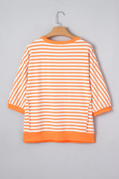 Alternative view of Orange Stripe 3/4 Sleeve Exposed Seam Patchwork Pullover Top