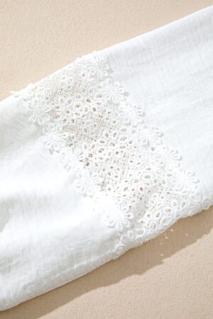 White Solid Color Floral Guipure Lace Patchwork Frilled Long Sleeve Blouse - Image 8