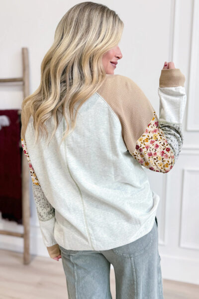 Alternative view of Light Grey Mixed Print Raglan Sleeve Patchwork Exposed Seam Pullover Top